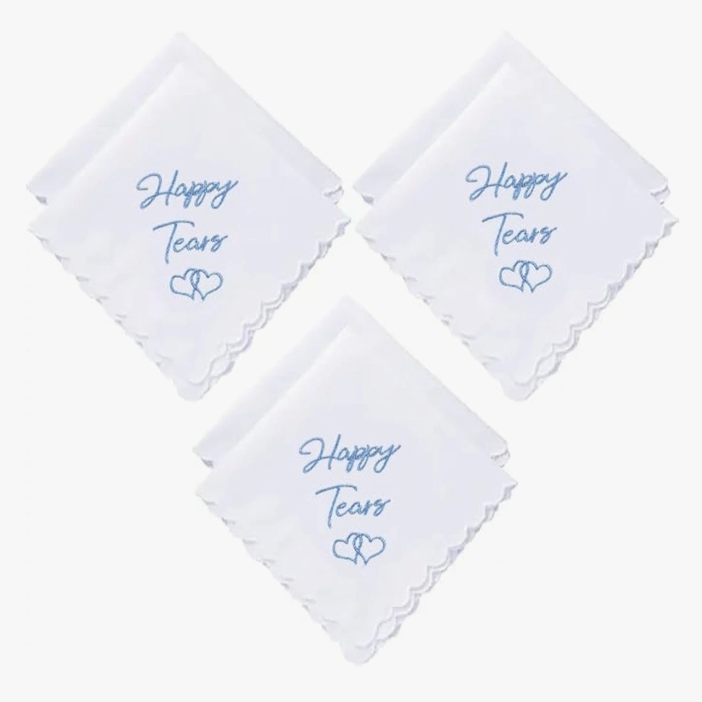Brand New 4 Pcs White Handkerchiefs with Embroidered Happy Tears For Wedding